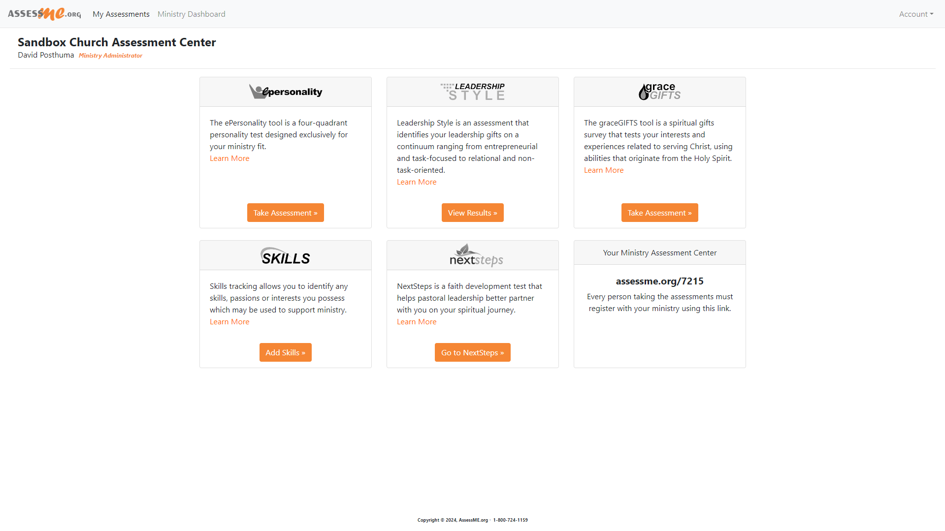 Screenshot of the main page where all people being assessed may launch their assessments or view or print completed assessment results.