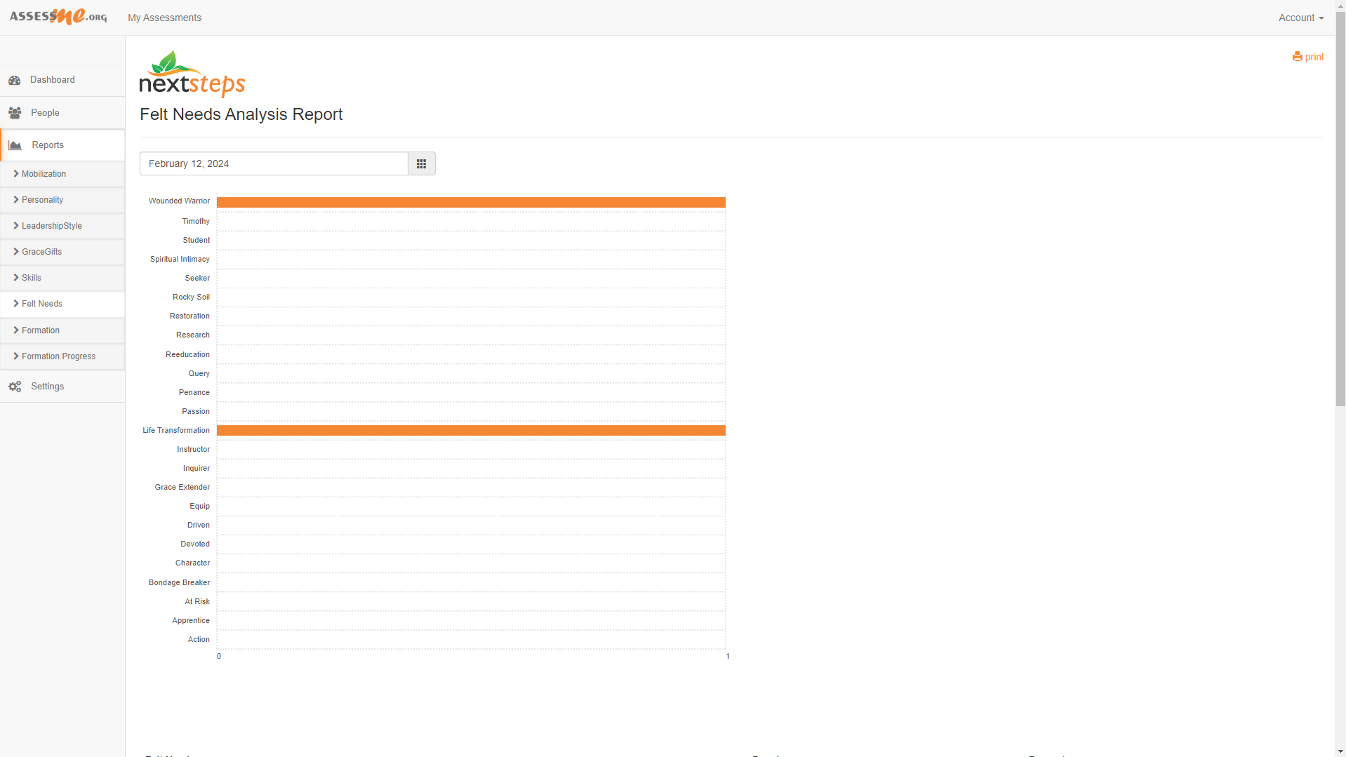 Felt Needs bar graph report within the Nextsteps software by AssessME.org.