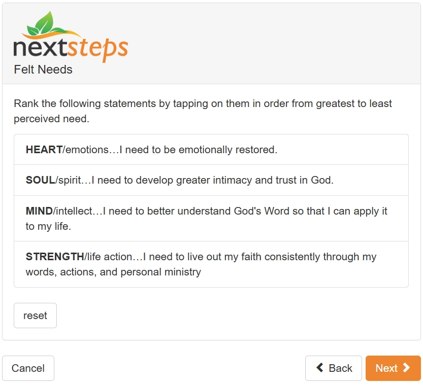 A graphic displaying how the NextSteps Felt-Need assessment works by asking the user to prioritize each statement within the Bible's Greatest Commandment.