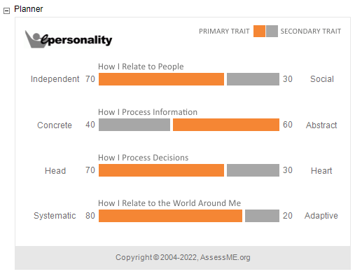 The Planner bar graph report from the ePersonality assessment.