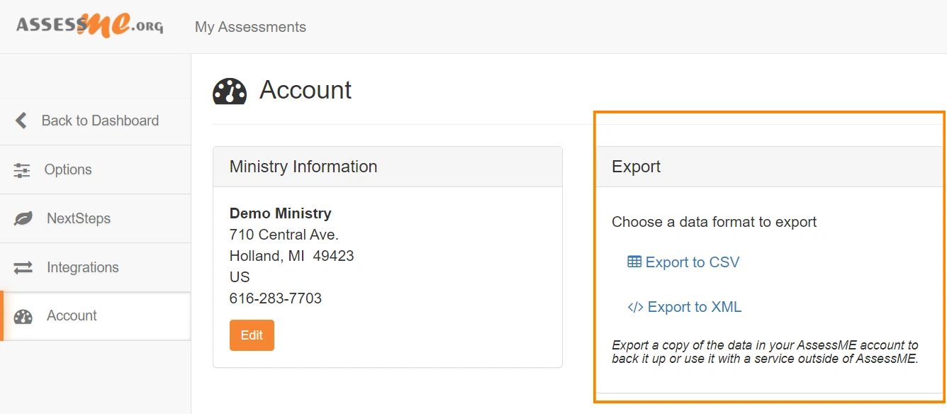 Data export options in AssessME.org are offered in CSV and XML formats.